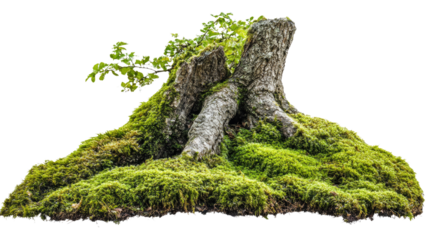 Mossy tree trunks laying on the ground with green moss texture and natural woodland forest element isolated on white background