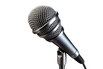 Classic silver microphone on a stand against a black background