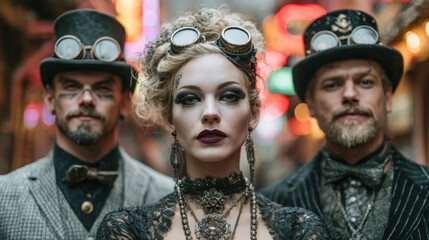 Intense steampunk group portrait of woman and men in vintage costume. futuristic cyberpunk vibe perfect for creative halloween concept