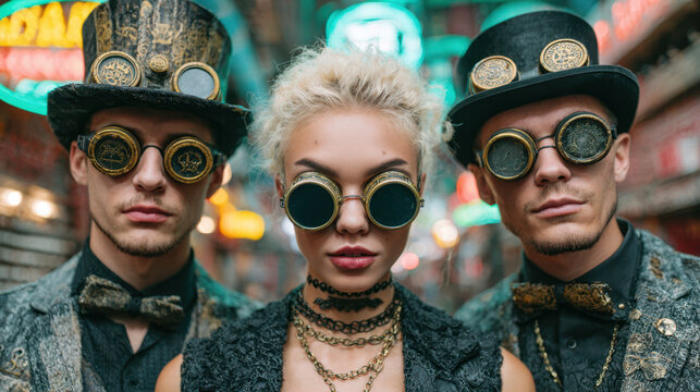 Serious group in steampunk goggles and hats pose for cyberpunk halloween night in futuristic city with vibrant neon light background