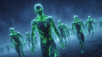 Fototapeta premium Menacing green zombie horde with glowing eyes emerges from dark fog. spooky cyberpunk scene perfect for terrifying halloween concept