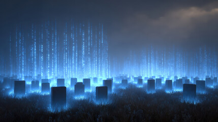 Naklejka premium Mysterious cyberpunk city with glowing blue data streams creates spooky Halloween atmosphere. futuristic abstract digital landscape at night