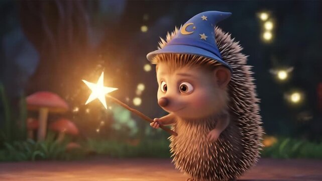 Enchanting Hedgehog Wizard Casting Spells in a Mystical Forest, Adorable Character Conjuring Magic with a Star Wand and Creating Wonder, Animated Adventure Scene