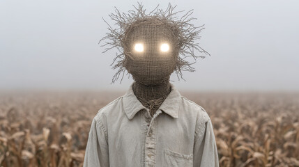 Creepy cyberpunk monster with glowing eyes stands in foggy field. terrifying creature perfect for scary halloween theme