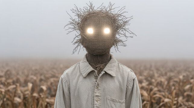 Creepy cyberpunk monster with glowing eyes stands in foggy field. terrifying creature perfect for scary halloween theme