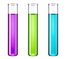 laboratory test tubes in three colors isolated on white background