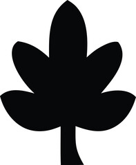 A simple black silhouette of a stylized leaf with five distinct lobes and a short stem against a white background