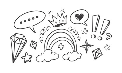 Modern vector illustration hand-drawn doodle set featuring various decorative elements, hand-drawn doodle sketch style circle, cloud speech bubble, grunge element set, arrow, star, easily editable.