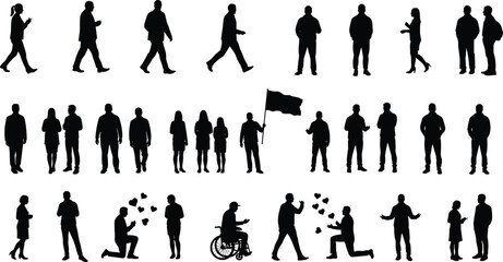 People silhouette collection walking, standing, proposing, holding flag, wheelchair user, love and communication scenes, vector illustration for lifestyle, society, relationship, concept design