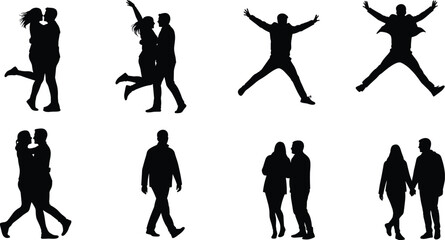 Romantic couple silhouettes walking, hugging, jumping, kissing, holding hands, lifestyle and love concept vector illustration for relationship, dating, emotional stock design