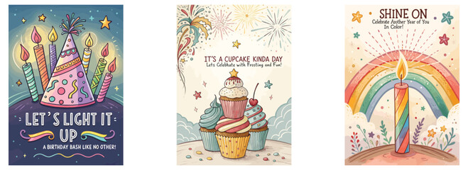Vibrant and colorful birthday celebration illustrations featuring cakes, candles, and cupcakes.