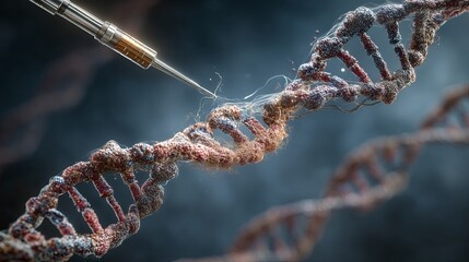 Intricate close-up of DNA strands with a futuristic device interacting, revealing biological complexity.