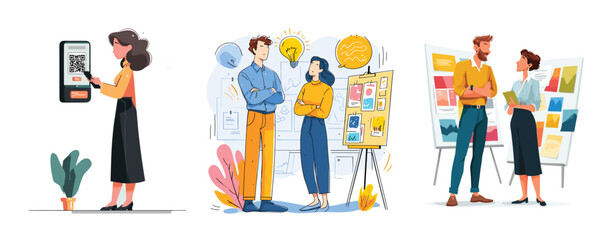 set of flat office people presenting and discussing project ideas