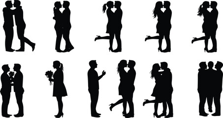 Silhouette of couples in love, romantic relationship vector illustration, kissing and holding hands, dating and proposal, black couple poses, emotional connection