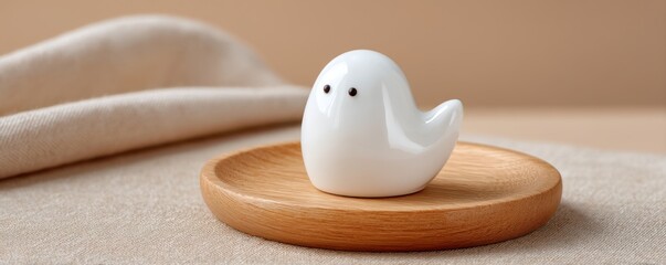 A cute ceramic ghost figurine on a wooden plate against a soft fabric background.