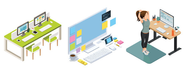 flat design set of office workspace with computer desk and meeting