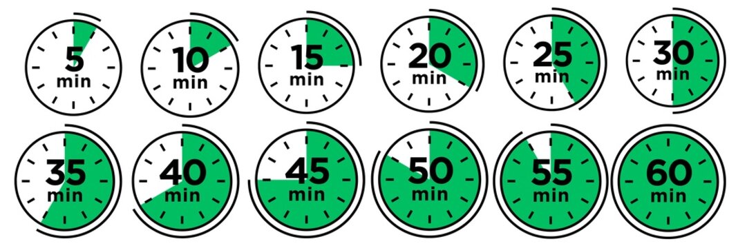 Set of clock icons from 5 to 60 minute, set of stopwatch icons from 5 to 60 minute, set of timer countdown icons from 5 to 60 minute,
