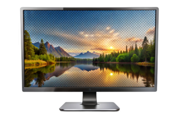 Computer monitor displaying a serene mountain lake sunset landscape