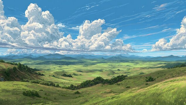 Expansive vista of a rolling, green landscape with distant mountains under a vibrant blue sky filled with fluffy white clouds - Powered by Adobe
