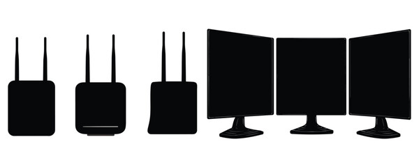 silhouette set of computer monitors and wifi routers