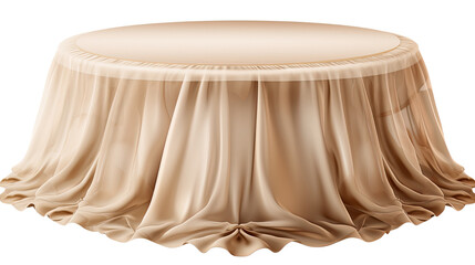 Round Table Covered in Beige Stain Cloth Gathered Elegant Dining Furniture Interior Decoration Textile Artwork Isolated on White Background