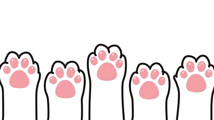 A row of cute white cat paws with pink pads reaching up. Cartoon vector illustration of kitty feet isolated on white background.