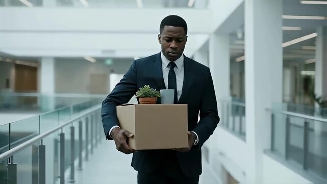 A fired african american businessman walks sadly through an office hallway with a box of personal items, a scene depicting job loss, unemployment, and career crisis