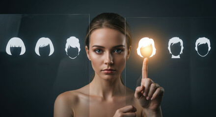 Woman choosing hairstyle on virtual screen, looking at camera. Artificial intelligence concept future technology, beauty, fashion.