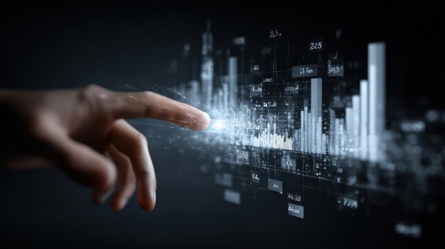 Hand Touching Futuristic Data Visualization Digital Technology Concept.