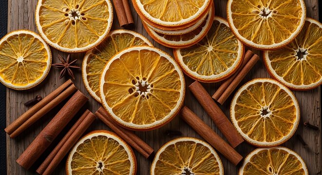 Close-up shot of dried orange slices and cinnamon sticks arranged on a wooden surface.