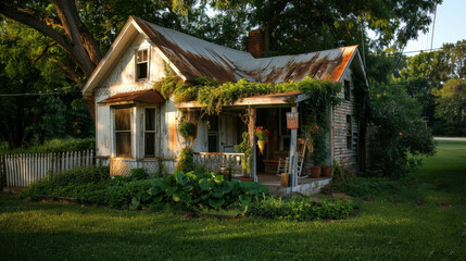 Obraz premium Cozy country cottage with wooden porch, surrounded by lush greenery and vibrant plants, exuding charming rustic vibe. weathered roof adds character to this inviting home