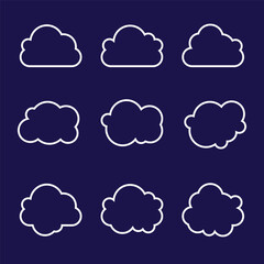 Set of cloud outlines. Simple cloud shapes, white outlines. Minimalist cloud design, varied cloud forms. Perfect for cloud themed projects. Weather illustration set