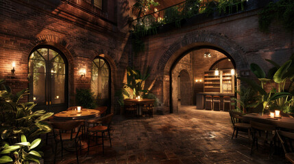 Fototapeta premium Elegant courtyard with brick walls, lush greenery, and warm lighting creates cozy atmosphere for dining and relaxation. inviting space features wooden tables and bar area, perfect for gatherings