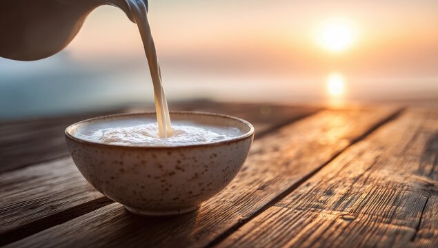 Milk poured into a bowl at sunrise.  A stream of creamy milk pours from a pitcher into a shallow bowl, on a rustic wooden table. Sunrise glows softly in the background - Powered by Adobe