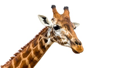 Obraz premium Graceful giraffe portrait showcasing its unique pattern, isolated on white