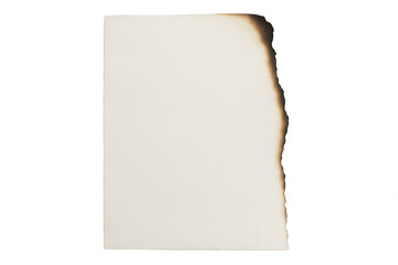 White paper edge burning, flames consuming corner with transparent backdrop, illustrating fire damage and destructive process
