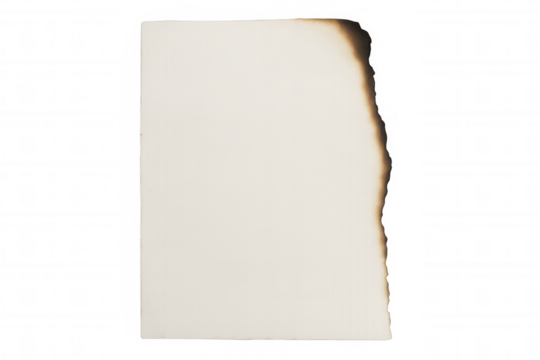White paper edge burning, flames consuming corner with transparent backdrop, illustrating fire damage and destructive process