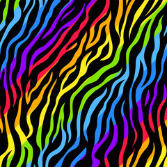 Colorful abstract zebra stripes animal print in a vivid rainbow gradient over black background. Modern vibrant design perfect for textiles, wallpapers, digital art, and creative projects.