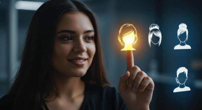 A woman touching a digital glowing avatar icon. User selection concept on dark background. Web interface, technology.