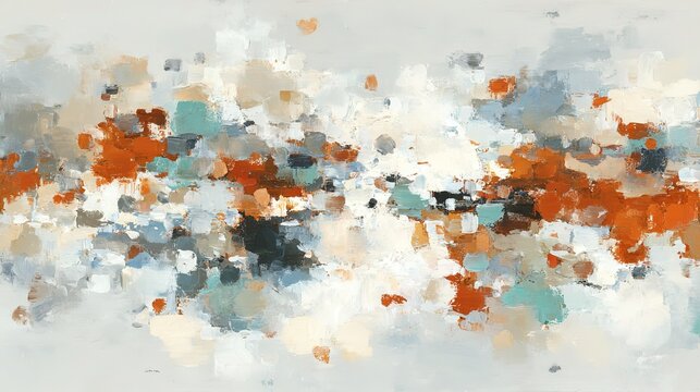 Abstract art painting with brush strokes in orange and grey palette on white background, soft edges, neutral tones including white, gray, cyan, teal, blue, light orange, red, black. Minimalist style, 