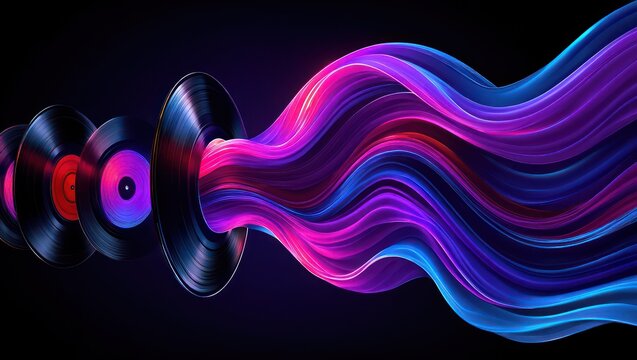 Vinyl Records and Abstract Flowing Lines in Vibrant Neon Colors