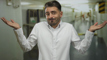 Man shrugging palms up in building wearing white shirt with puzzled expression; confusion...