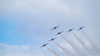 Formation of airplanes flying with smoke trails