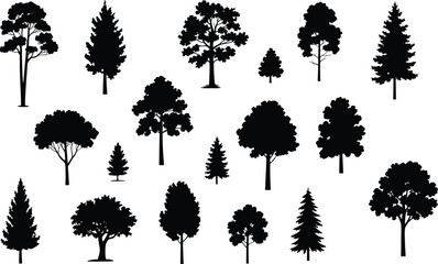 Silhouette collection of various tree types, including pine and deciduous, ideal for landscape design, nature illustrations, forest scenes, and vector graphics