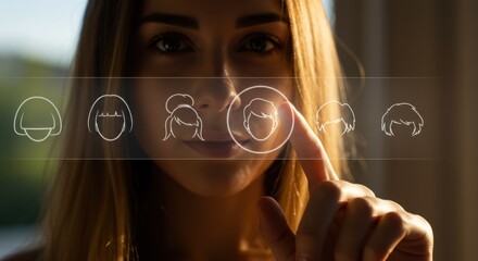 Woman pointing on virtual icon with hairstyle. Hairdresser online app mock up for virtual try on. Concept of beauty salon service and customer experience.