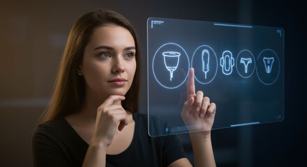 Young woman touching digital screen with menstrual hygiene product icons. Female health and period care concept. Modern technology.