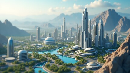 Futuristic Cityscape with Towering Structures and Scenic Landscape