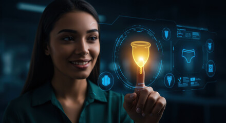Woman touching menstrual cup icon on virtual screen, health care concept with digital interface for hygiene and period management.