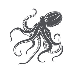 Obraz premium Black and White Octopus Vector Illustration. Detailed Marine Cephalopod with Curled Tentacles Isolated on White Background