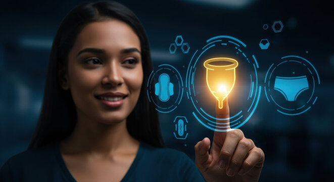 Woman points at glowing menstrual cup icon, surrounded by other feminine hygiene product icons, representing choice, health, and modern female care technology